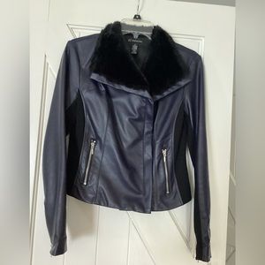 INC  XS NAVY BLUE LEATHER LOOK WITH BLACK  FUR COLLAR  FRONT  ZIP